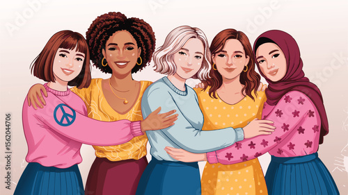 Diverse Group of Women Embracing, Showing Friendship, Inclusivity, and Empowerment with Different Styles and Backgrounds