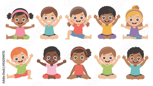 Diverse Group of Cartoon Kids Practicing Yoga and Stretching Exercises in Sitting Positions