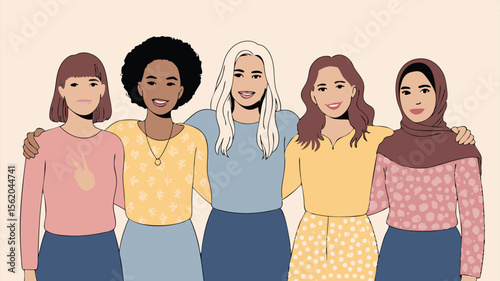 Diverse Group of Women Hugging Illustration Celebrating Unity, Friendship, and Cultural Diversity Together