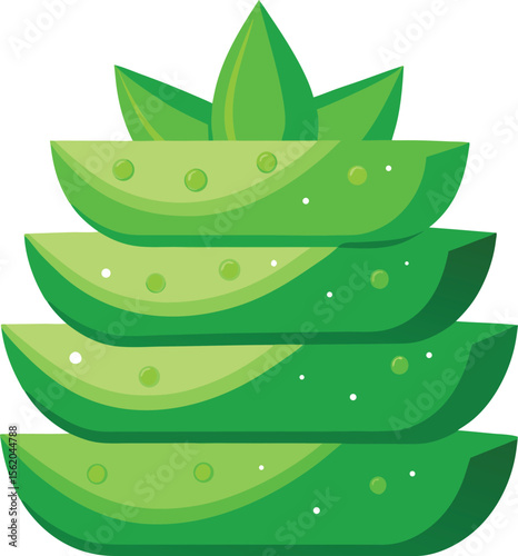 Stylized aloe vera slices stacked with green leaves and water droplets