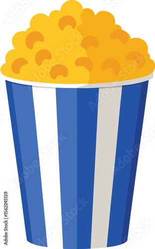 Classic blue and white striped bucket overflowing with freshly popped popcorn