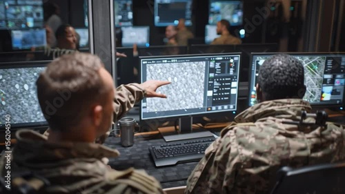 Military surveillance officers working with computer screen in central office, Control and Monitoring for managing national security.