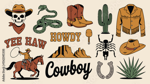 Illustrated Cowboy Themed Collection Featuring Skull, Snake, Horse, Cowboy Boots, Cactus, and Other Western Elements
