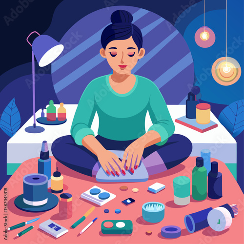 A woman is sitting at a table with a bottle of nail polish and a bottle of nail polish remover