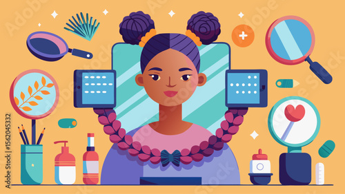 A girl with her hair in a bun and a mirror behind her. The mirror is surrounded by various items such as bottles, a cell phone, and a bowl. Concept of self-care and personal grooming