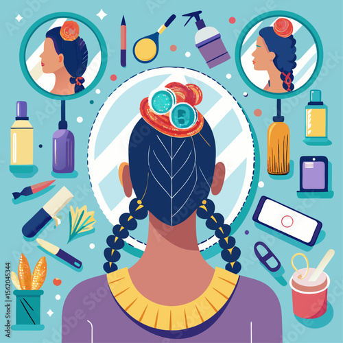A girl with her hair in a bun and a mirror behind her. The mirror is surrounded by various items such as bottles, a cell phone, and a bowl. Concept of self-care and personal grooming