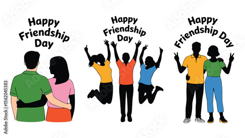 Illustrated Happy Friendship Day with Smiling Friends and Embracing Couples on a White Background