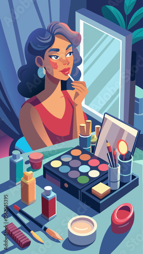 A woman is getting ready for a photo shoot. She is sitting at a vanity with a makeup kit and a mirror in front of her. The makeup kit contains various items such as a brush, a bottle, and a cup