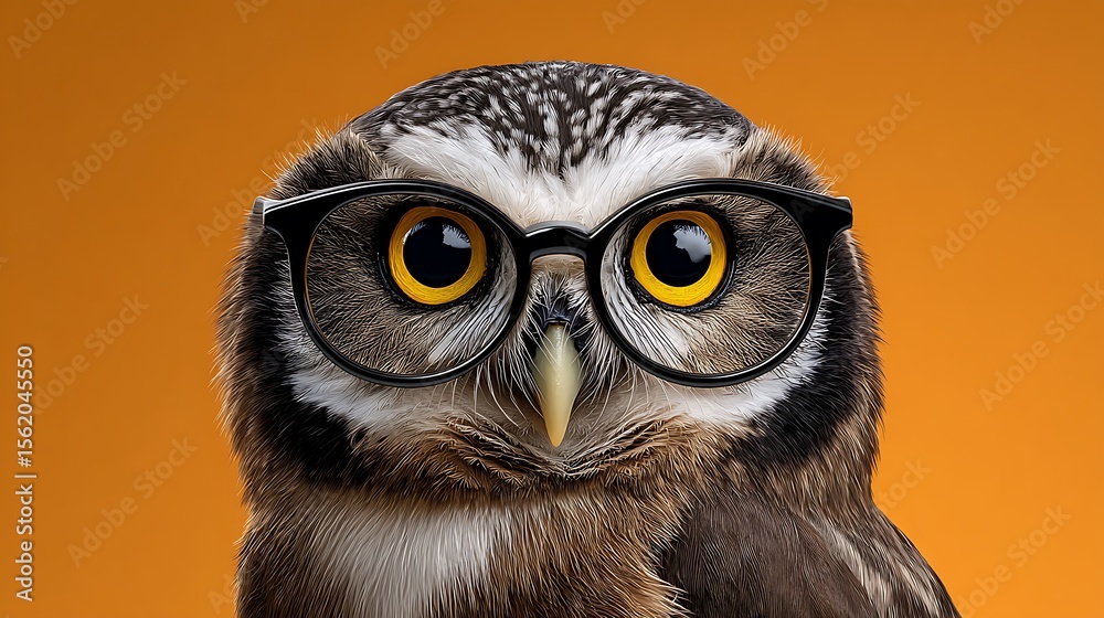 Fototapeta premium Wise owl wearing black round glasses against a vibrant orange background