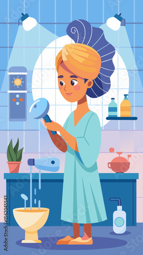 A woman is holding a bottle of lotion in a bathroom. The bottle is on a shelf next to a bottle of shampoo. The bathroom is clean and well-organized