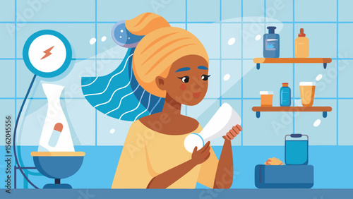 A woman is holding a bottle of lotion in a bathroom. The bottle is on a shelf next to a bottle of shampoo. The bathroom is clean and well-organized