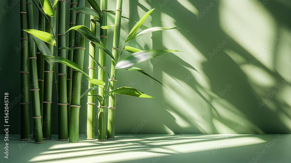 Naklejka premium Lush Green Bamboo Stalks with Shadows on a Soft Green Background
