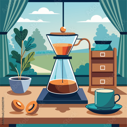 A coffee maker sits on a wooden table with a few other items. The coffee maker is a glass carafe with a handle. There are two cups on the table, one of which is empty. A book is also on the table