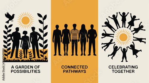Silhouettes of People in Nature, Connected Pathways, and Celebrating Together Art Illustration