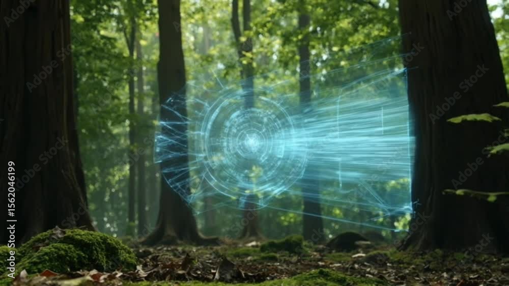A translucent, teal holographic interface with circular and rectangular elements floats in a sun-dappled forest, partially obscuring the tree trunks and mossy ground.