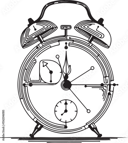 Retro alarm clock vector illustration: a classic metal timepiece with a bell, perfect for waking up or as a vintage reminder