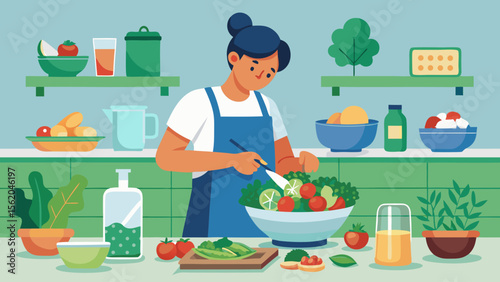A woman is preparing a salad in a kitchen. She is wearing an apron and cutting up vegetables. The kitchen is well-stocked with various bowls, cups, and bottles