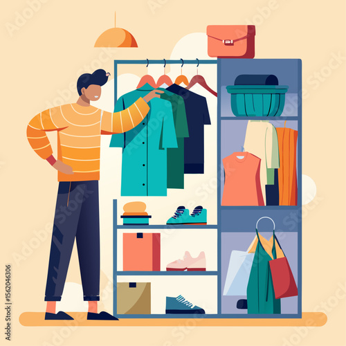 A man is looking through his closet and pulling out clothes. He is wearing an orange shirt and blue pants