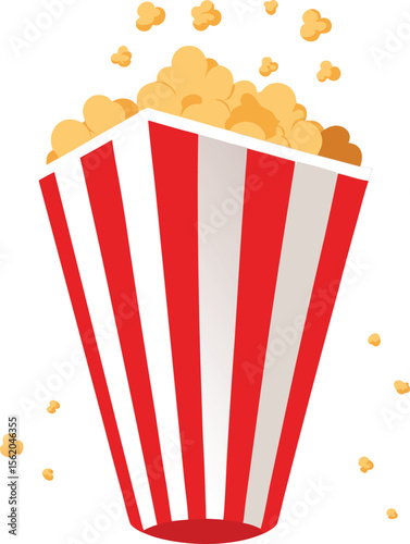 A full bucket of popcorn with kernels flying out on a white background