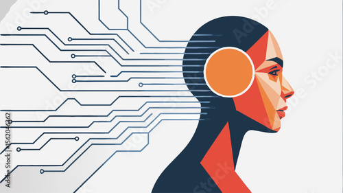 Abstract AI Conceptualization Woman's Profile Connected to Digital Circuitry, Featuring Neural Network Illustration