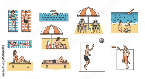 Beachgoers enjoying summer activities: swimming, sunbathing, volleyball, frisbee, and relaxation