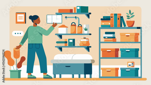 A woman is standing on a ladder in front of a bookshelf. She is looking at a tablet. The bookshelf is full of books and other items