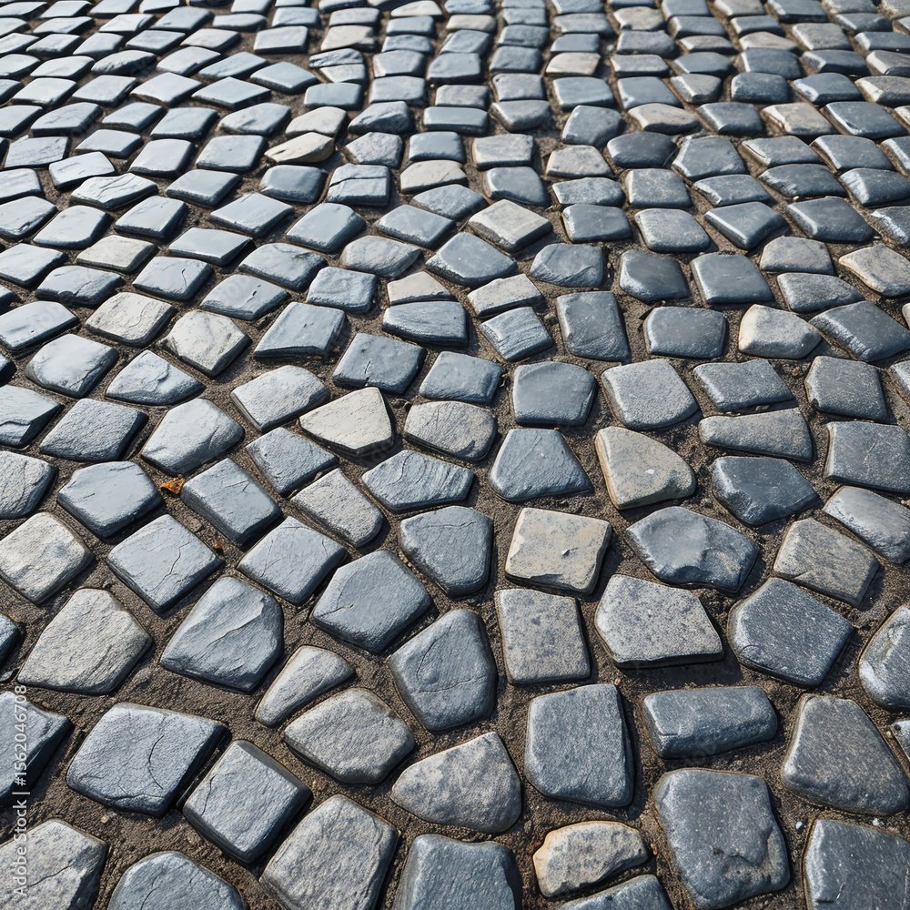 Fototapeta premium Dark stone pavement with glossy cobblestones forming a dynamic curved street pattern