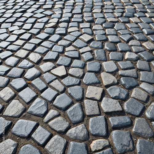 Dark stone pavement with glossy cobblestones forming a dynamic curved street pattern