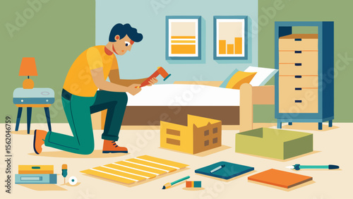 A man is kneeling down in a messy room, surrounded by boxes and other items. He is looking at a book, possibly trying to find something in the mess. The room appears to be disorganized and cluttered