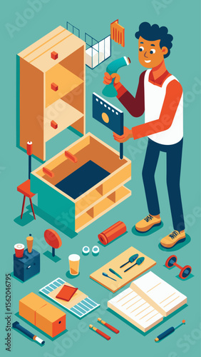 A man is kneeling down in a messy room, surrounded by boxes and other items. He is looking at a book, possibly trying to find something in the mess. The room appears to be disorganized and cluttered
