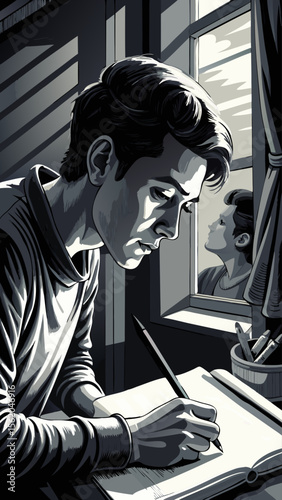 A man is looking at a drawing of another man. The drawing is on a piece of paper with a pencil and a box of crayons on the table