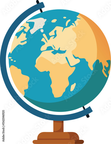 A stylized illustration of a globe showing continents and oceans on a stand
