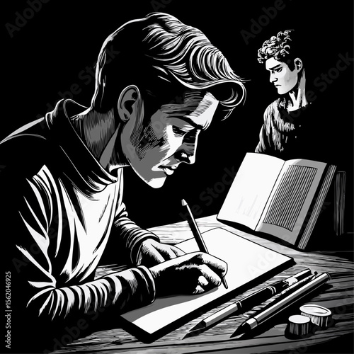 A man is looking at a drawing of another man. The drawing is on a piece of paper with a pencil and a box of crayons on the table