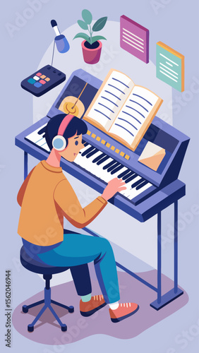 A man is sitting at a keyboard and writing on a piece of paper. The room is decorated with musical instruments, books, and a potted plant. The atmosphere seems to be creative and artistic