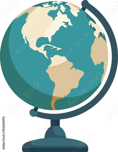 Stylized globe showing north and south america on a teal stand