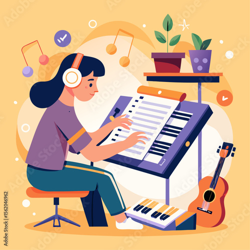 A man is sitting at a keyboard and writing on a piece of paper. The room is decorated with musical instruments, books, and a potted plant. The atmosphere seems to be creative and artistic