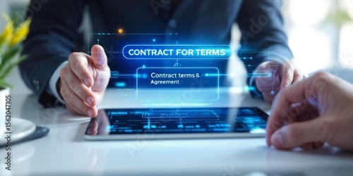 Businessman using AI negotiator on a tablet to establish contract terms in a modern office. Concept of digital agreement technology.