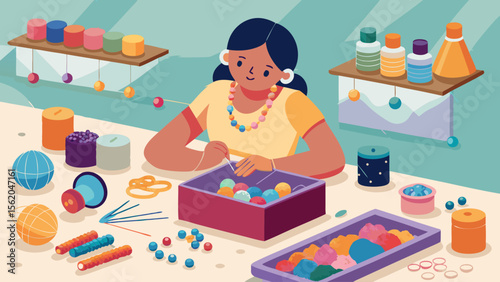 A woman is sitting at a table with a box of beads in front of her. She is making a necklace