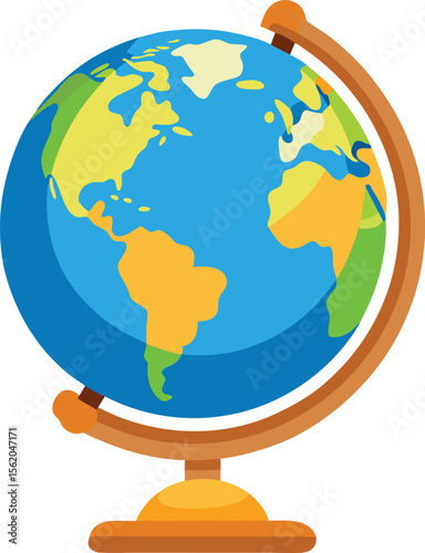 Colorful cartoon globe on a wooden stand showcasing continents and oceans