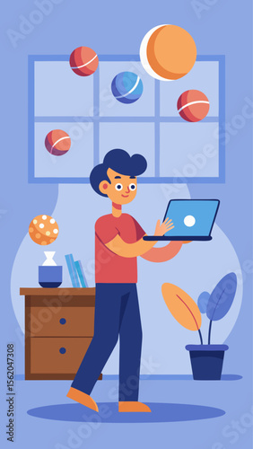 A young man is sitting on the floor in front of a laptop, holding a ball in each hand. He is balancing the balls on his head, and it appears that he is trying to keep them from falling