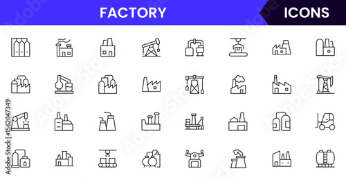 Factory vector web line icon collection, sleek illustrations of machinery, EV production, automation, and industrial tools for manufacturing designs.