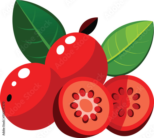 Vibrant red cranberries and sliced fruit with green leaves