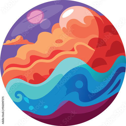 Vibrant abstract circular landscape with flowing waves and celestial elements