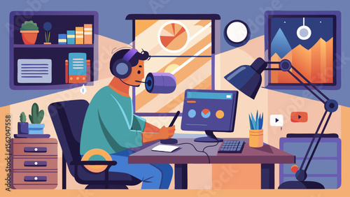 A man is sitting at a desk with a computer and a keyboard. He is wearing headphones and he is working on a project. The room is decorated with various items, including a potted plant, a clock