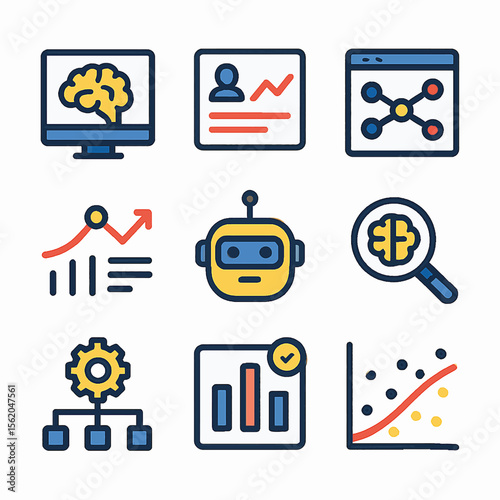 Artificial intelligence and data analysis icons depicting machine learning concepts