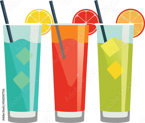 Three colorful refreshing cocktails with fruit slices and ice cubes