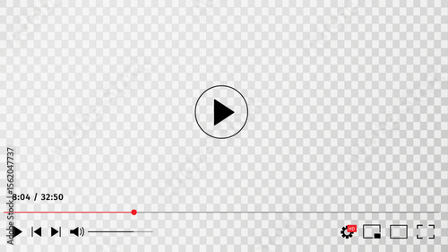 Minimal video player interface template with transparent background, black and red color scheme, flat style controls and modern UX design. Ideal for apps, UI kits, web design, multimedia presentations