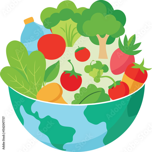 Healthy planet earth filled with fresh fruits vegetables and water bottle