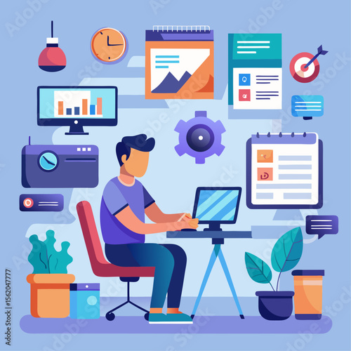 A man is sitting at a desk with a laptop and a cup. The desk is cluttered with various items, including a potted plant, a laptop, a keyboard, a mouse, and a cell phone