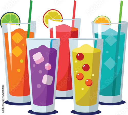 Colorful assortment of refreshing drinks with fruit garnish and straws
